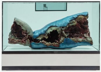 Paul Thek, Untitled (Meat Piece with Chair), 1966, wax, bronze, Formica, Plexiglas, 16.5 by 21.5 by 9.5 inches. From the series Technological Reliquaries, 1964–67
